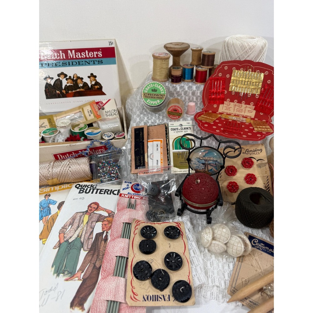 Vintage Sewing Notions Lot In Cigar Box, Antique Pin Cusion & Wooden Spools